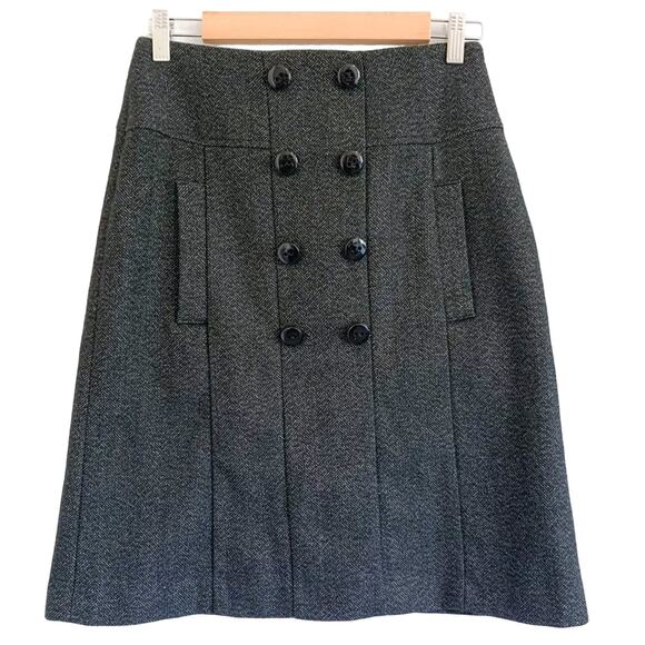 Zara Basic Herringbone Wool Blend Button Front Pocket Pencil Skirt Black Medium
